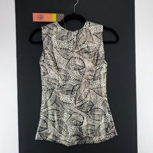 Tory Burch Tops - TORY BURCH Elson Fitted Silk Sleeveless Blouse, Black Leaf Metallic Sz 0